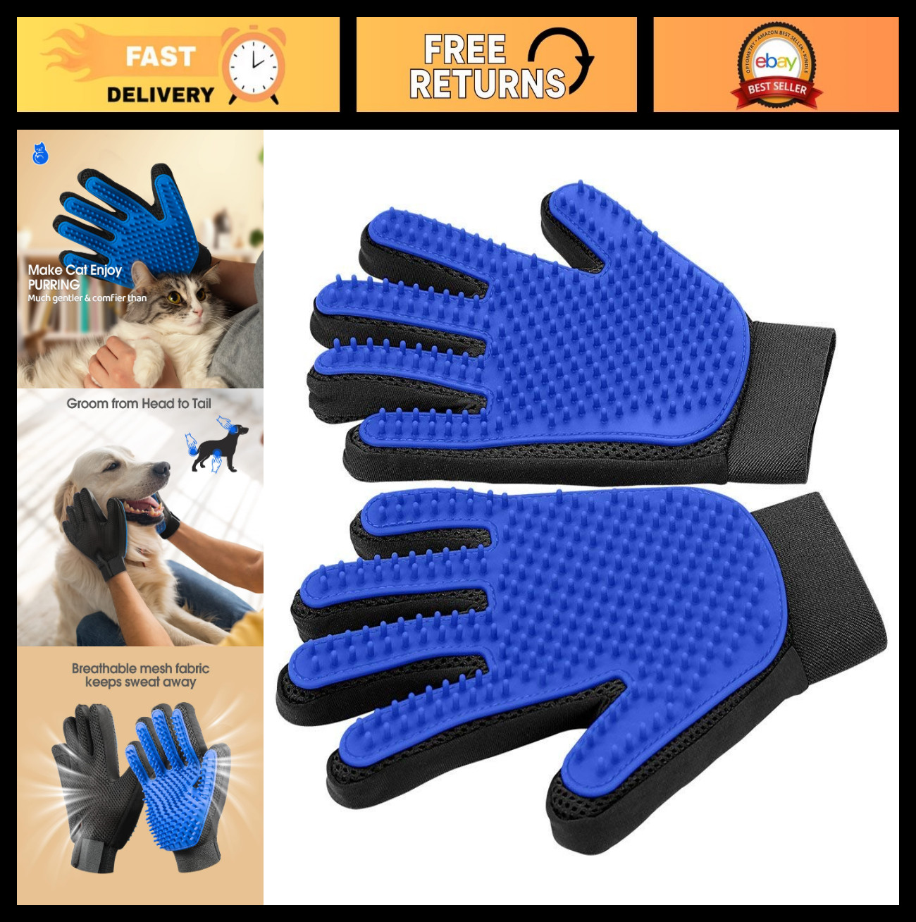 Efficient Pet Hair Remover Gloves – Gentle Shedding Brush for Dogs, Cats & Horse