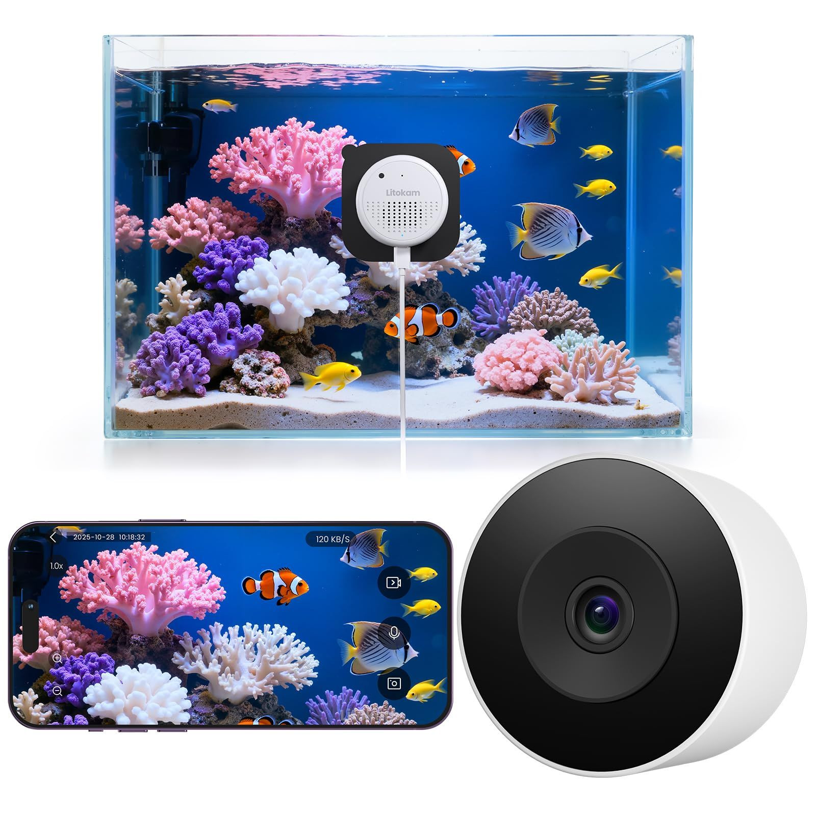 litokam F1.0 Aperture Fish Tank & Reptile Pet Camera.2K 3MP Single, White