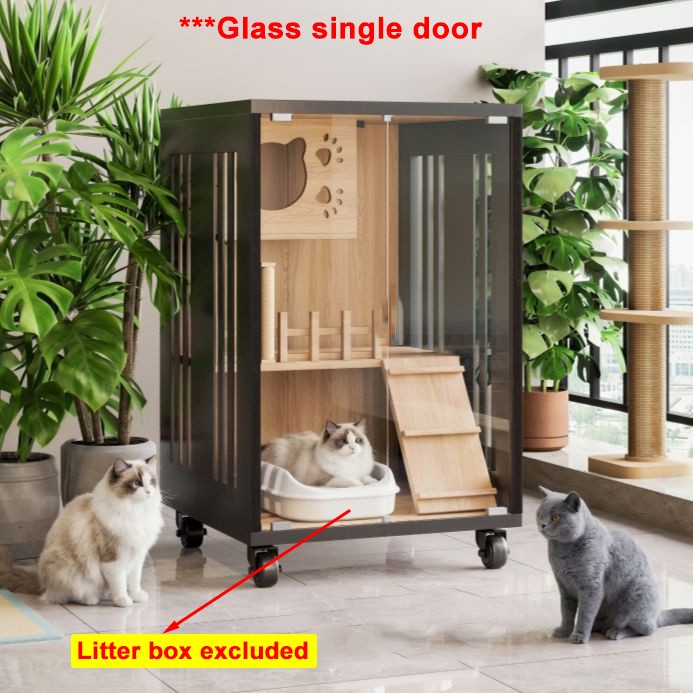 Cat Enclosure Villa Indoor Cat House W/ Glass Single Doors & Wheels 35.4″H