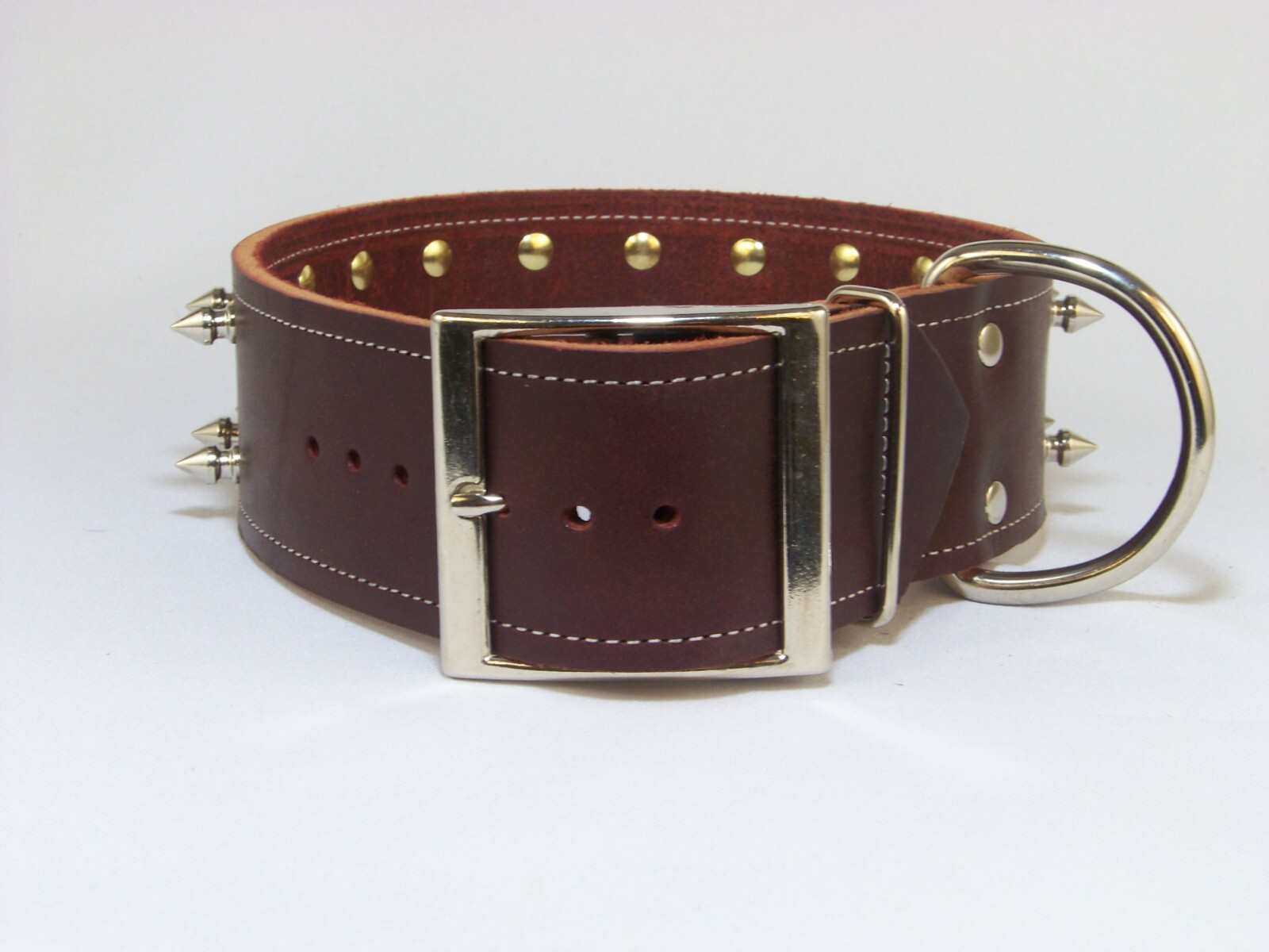 2 Inch-Wide Top Quality Leather Dog Collar W/ Double Row Spikes Made in USA