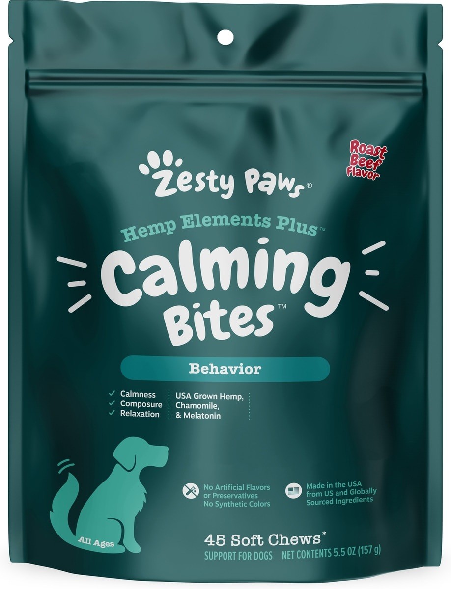 Zesty Paws Hemp Elements Plus Calming Bites 45 Soft Chews for Dogs EXP 07/2027