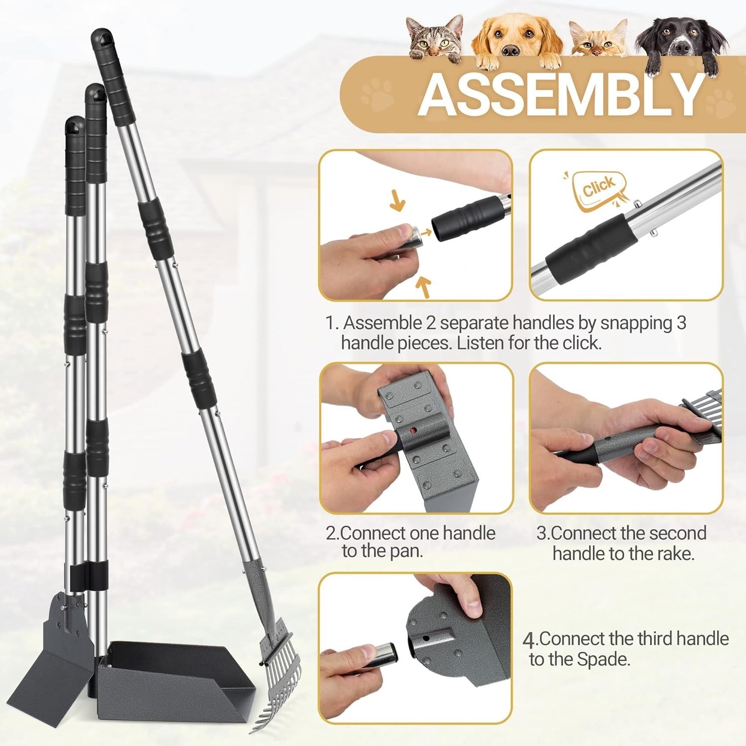 Large Dog Pooper Scooper Metal Poop Tray & Rake W/ Long Handle Pet Waste Removal