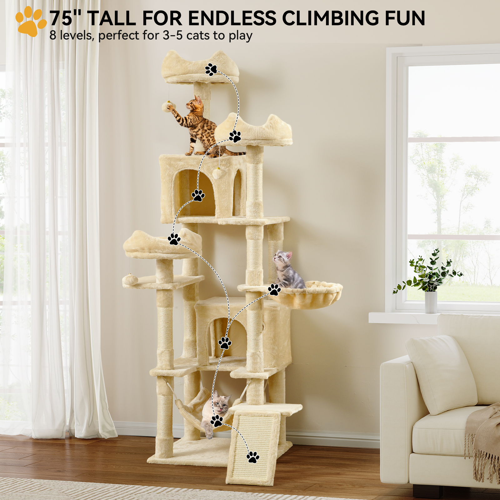 75 Inches Indoor Cat Tree Tall Cat Tower for Large Cats 20 lbs Cat Condo