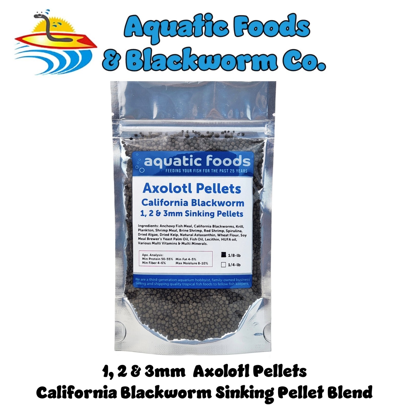 Axolotl Blackworm Pellets, California Blackworm 1, 2 & 3mm Sinking Pellet Mix