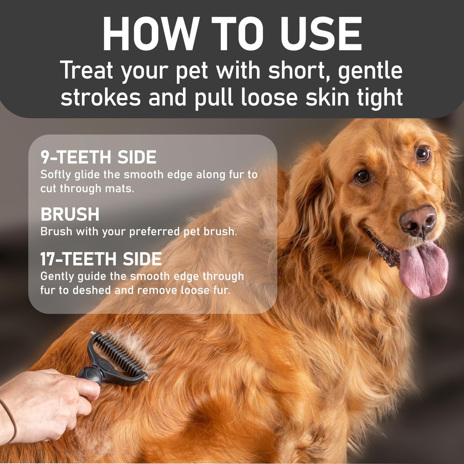 Double-Sided Dematting Brush for Dogs & Cats – Extra Wide Undercoat Rake, Reduce