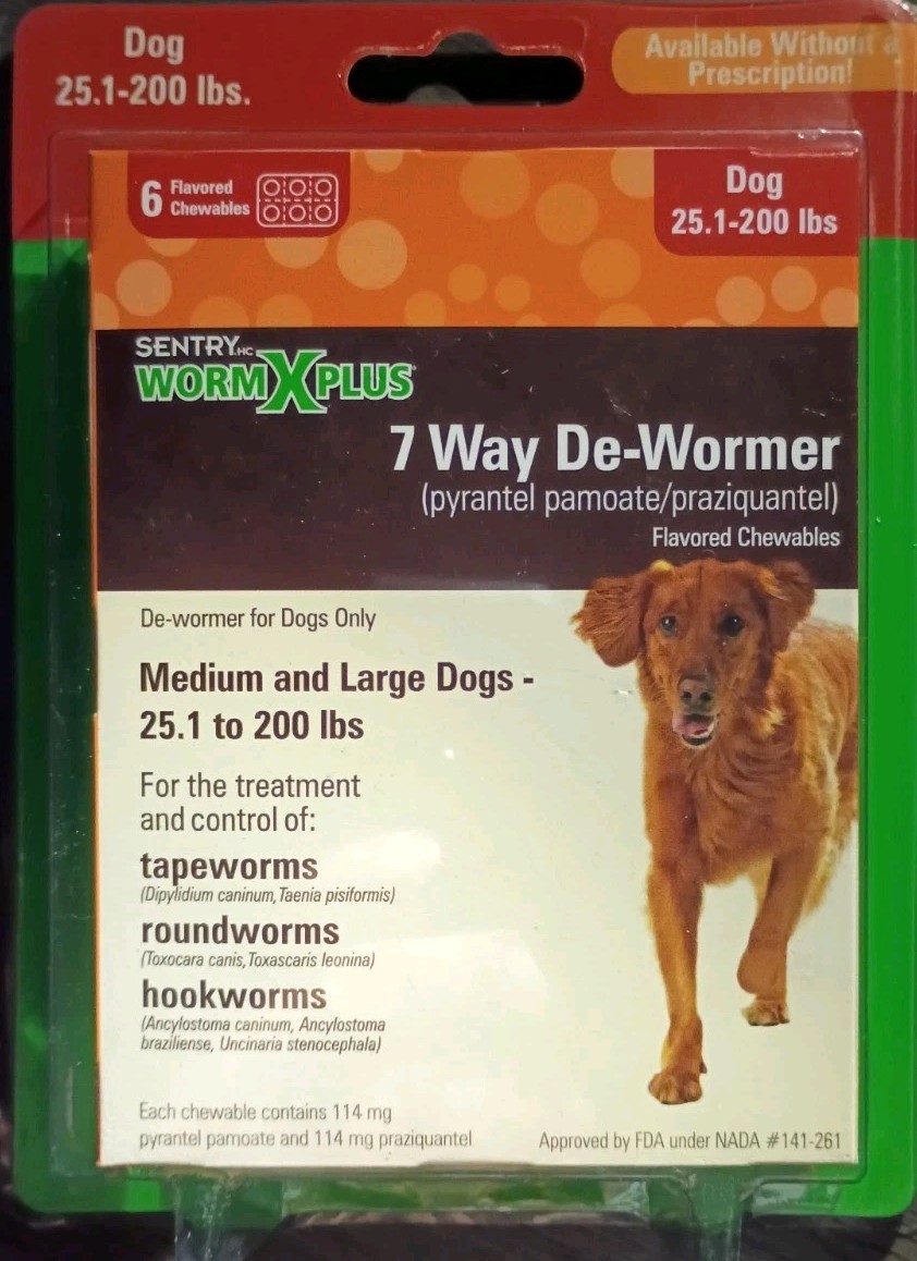 SENTRY WORM X PLUS 7 WAY DE-WORMER DOGS 25.1-200LB TAPE ROUND HOOWORMS 6 DOSES!!