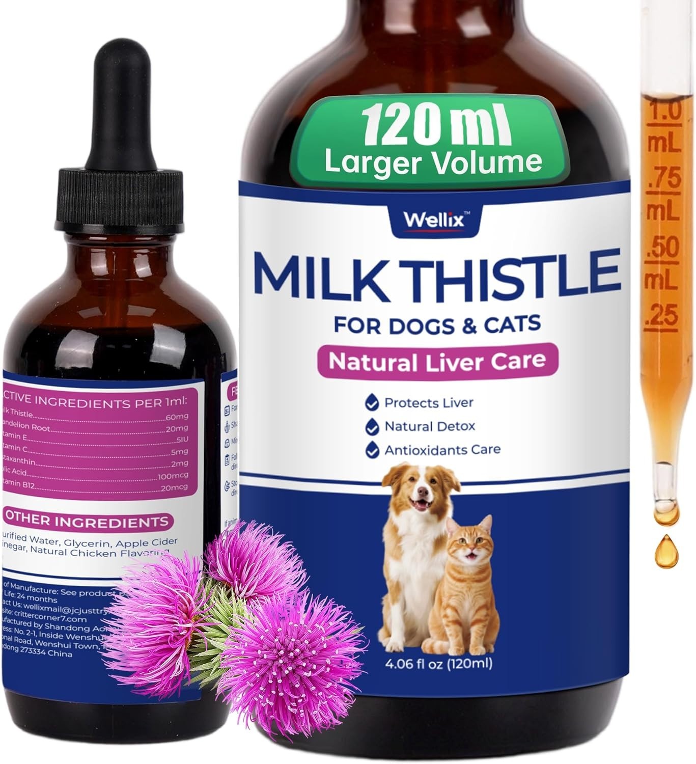 Wellix 120ml Milk Thistle for Cats & Dogs, Advanced Formula with Astaxanthin for