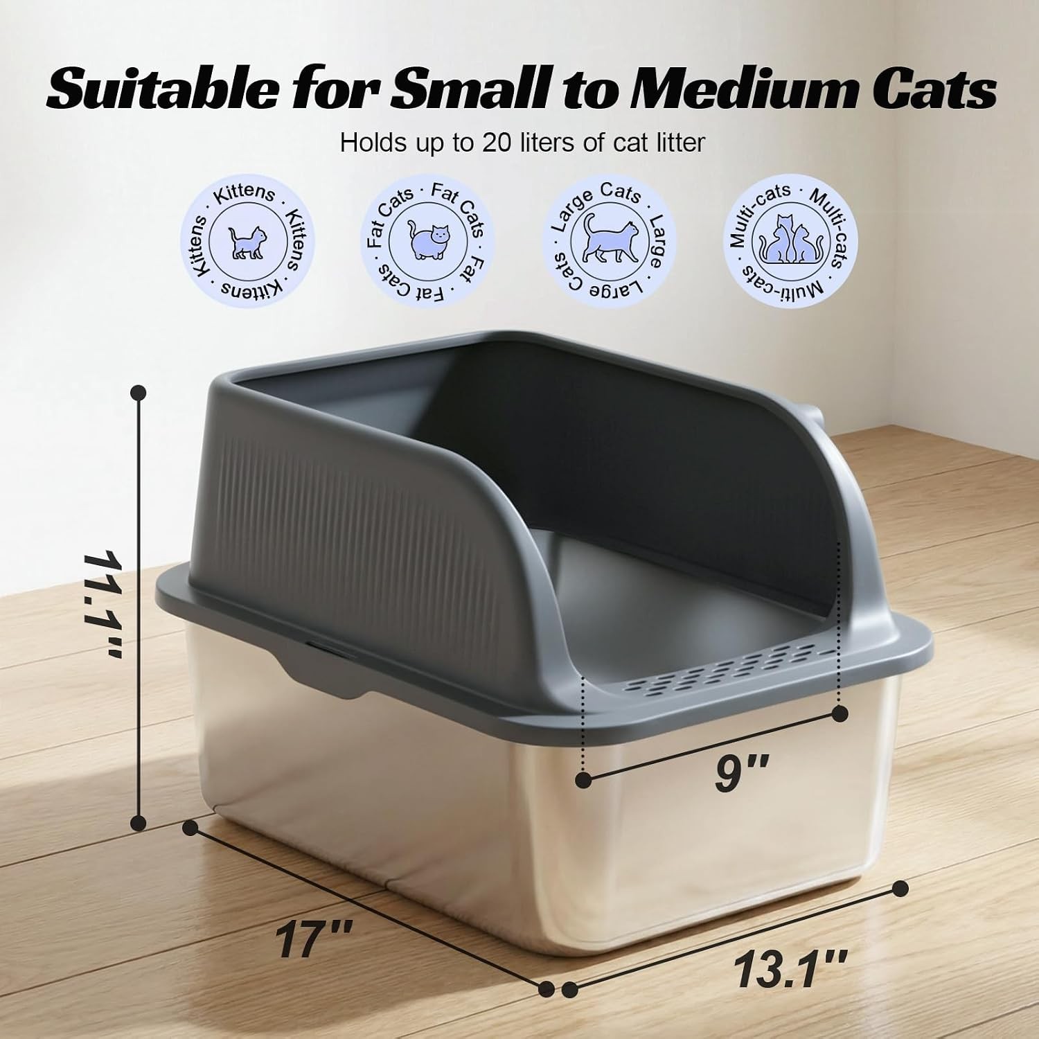 Stainless Steel Cat Litter Box W/ High Sided Lid Metal Kitty Litter Box W/ Scoop