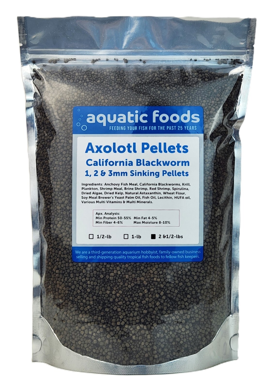 Axolotl Blackworm Pellets, California Blackworm 1, 2 & 3mm Sinking Pellet Mix