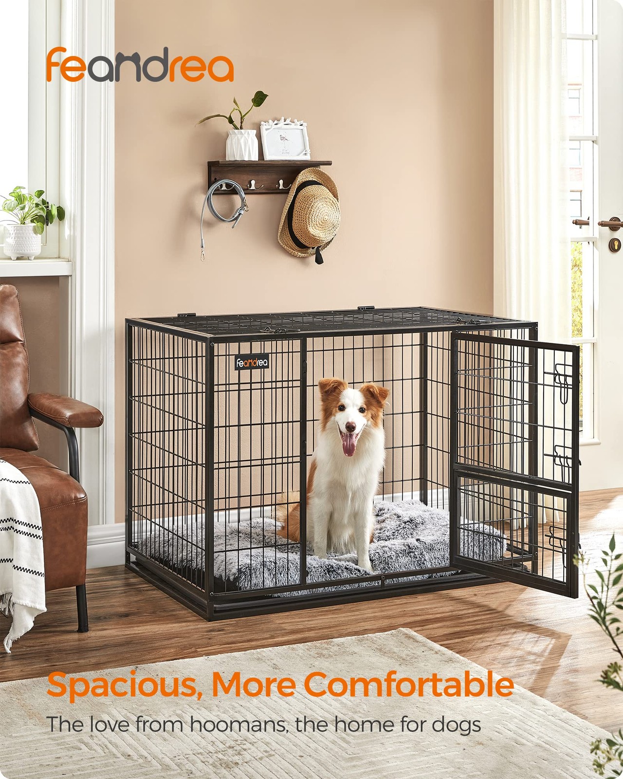 42.1 Inch Heavy Duty Dog Crate, Metal Escape Proof Kennel with Double Doors a…