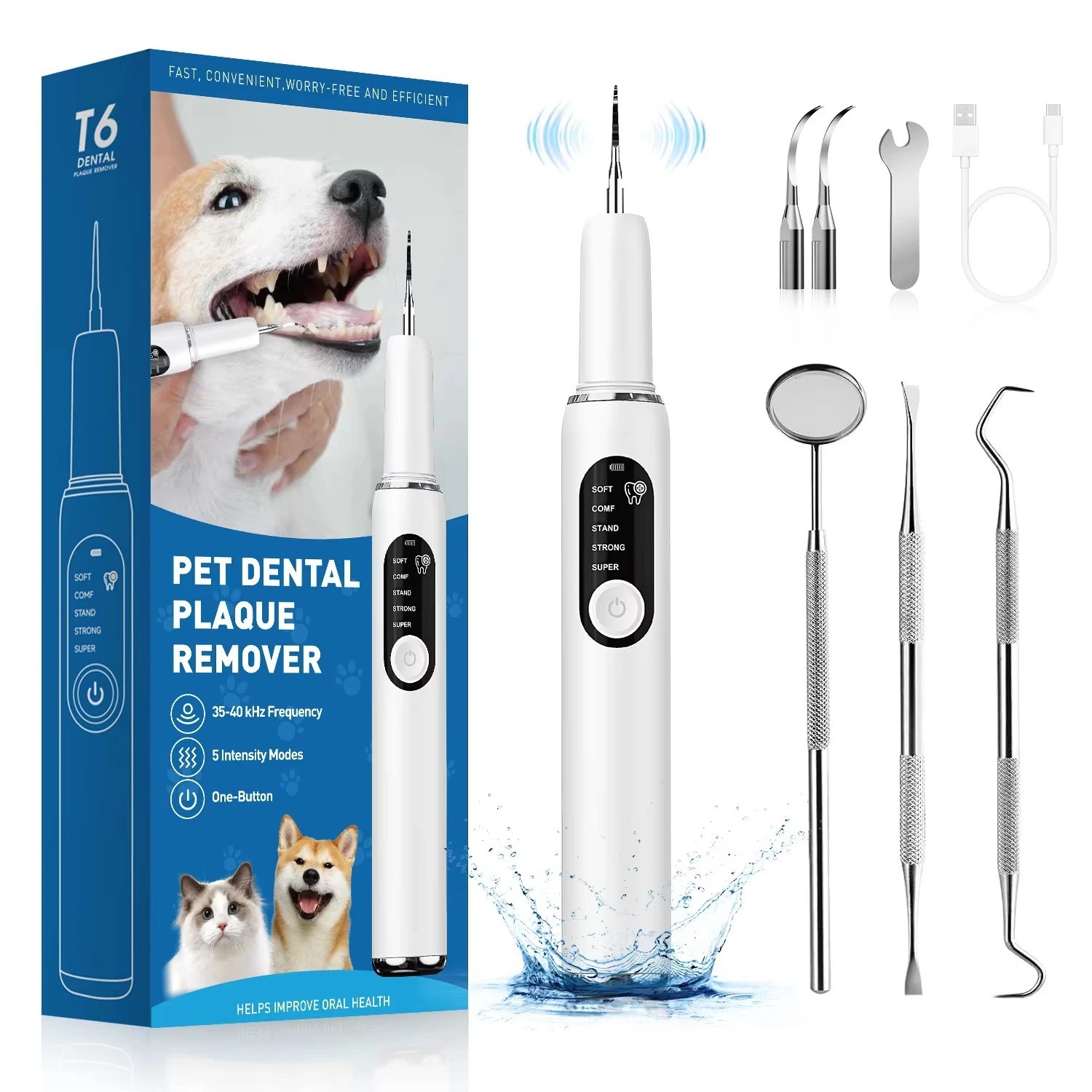 Ultrasonic Dog Teeth Cleaner Plaque Tartar Remover Pet Dental Scaler Kit LED Lig