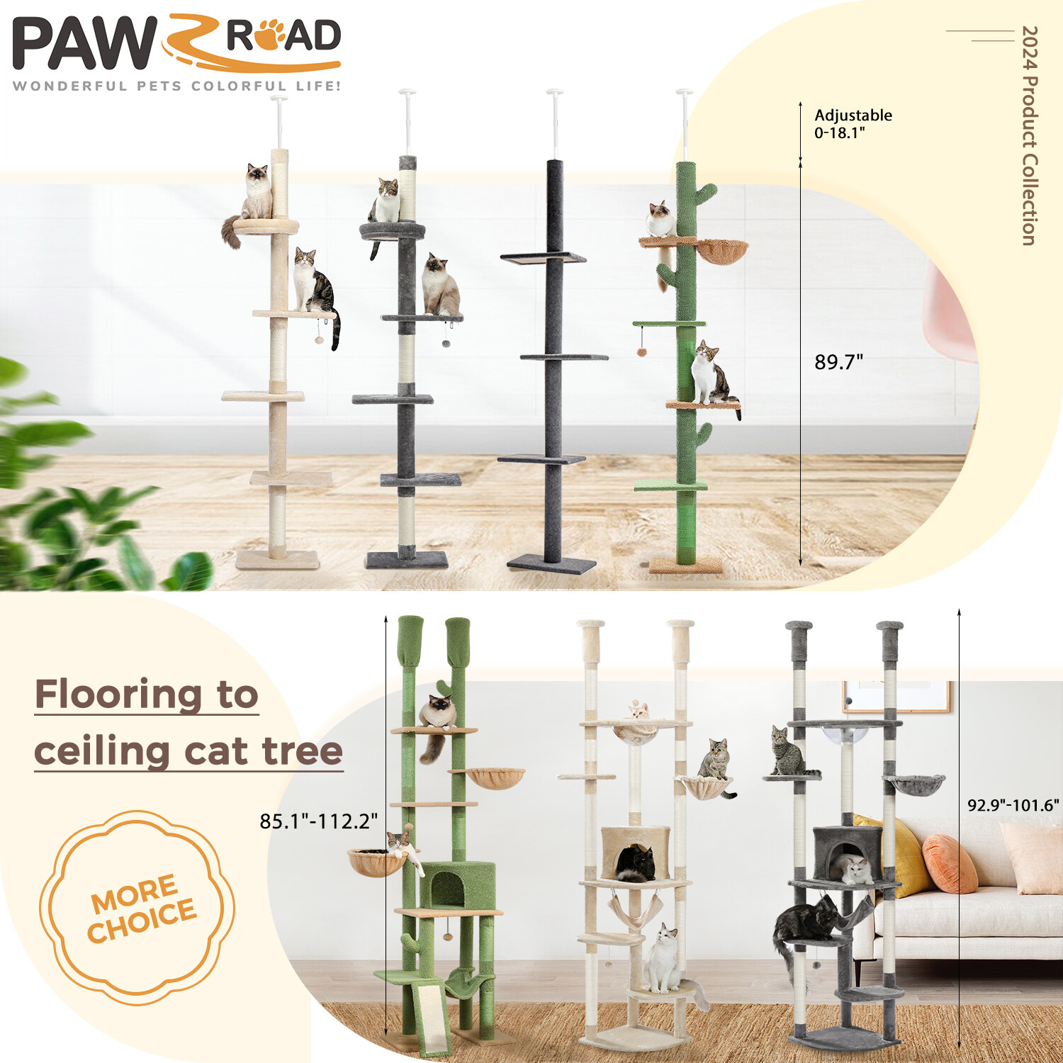 PAWZ Road Cat Tree Tower Floor to Ceiling High Cat Scratching Post Condo House