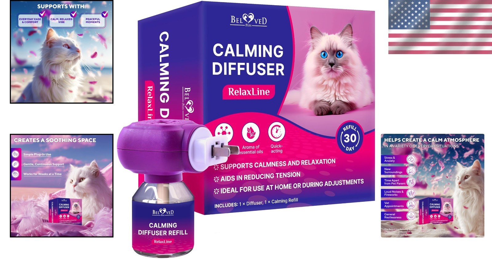 Feline Calm Pheromones Calming Diffuser for Stress Relief – 1 Refill Included