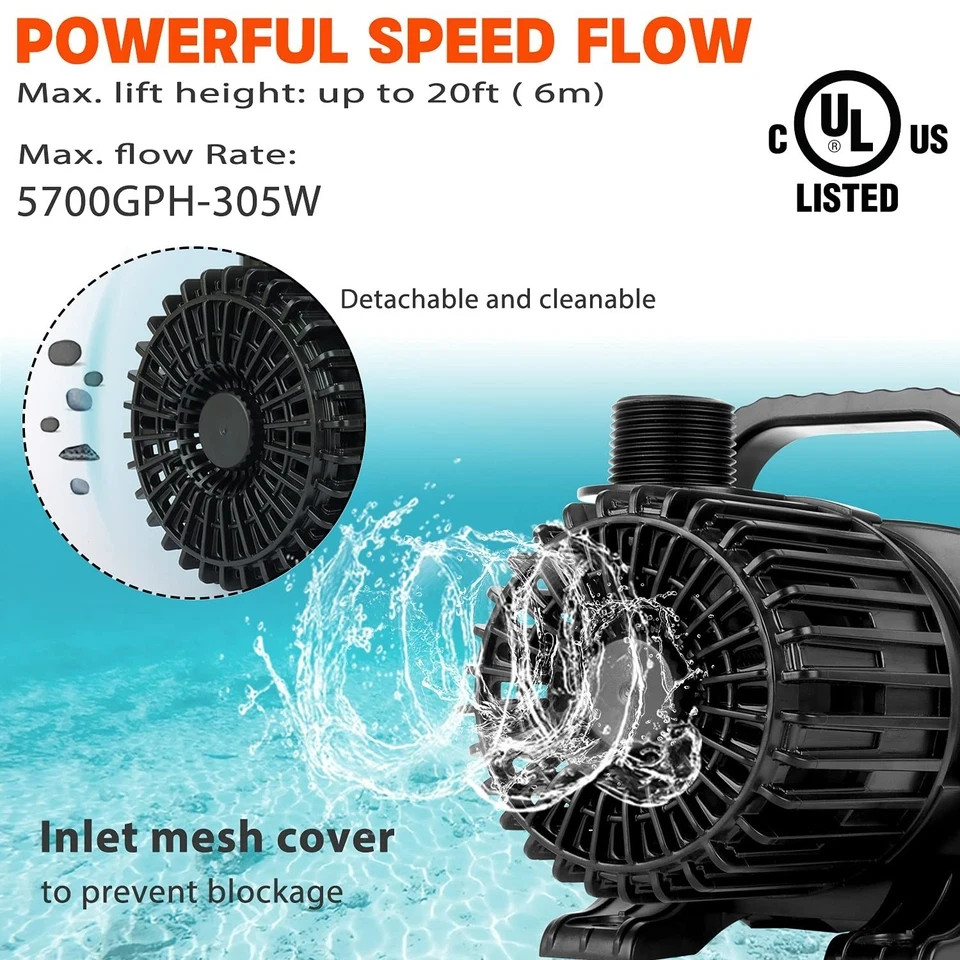 WaterRebirth PS5700 High Flow Large Fountain Submersible Water Pond Pump 5700GPH