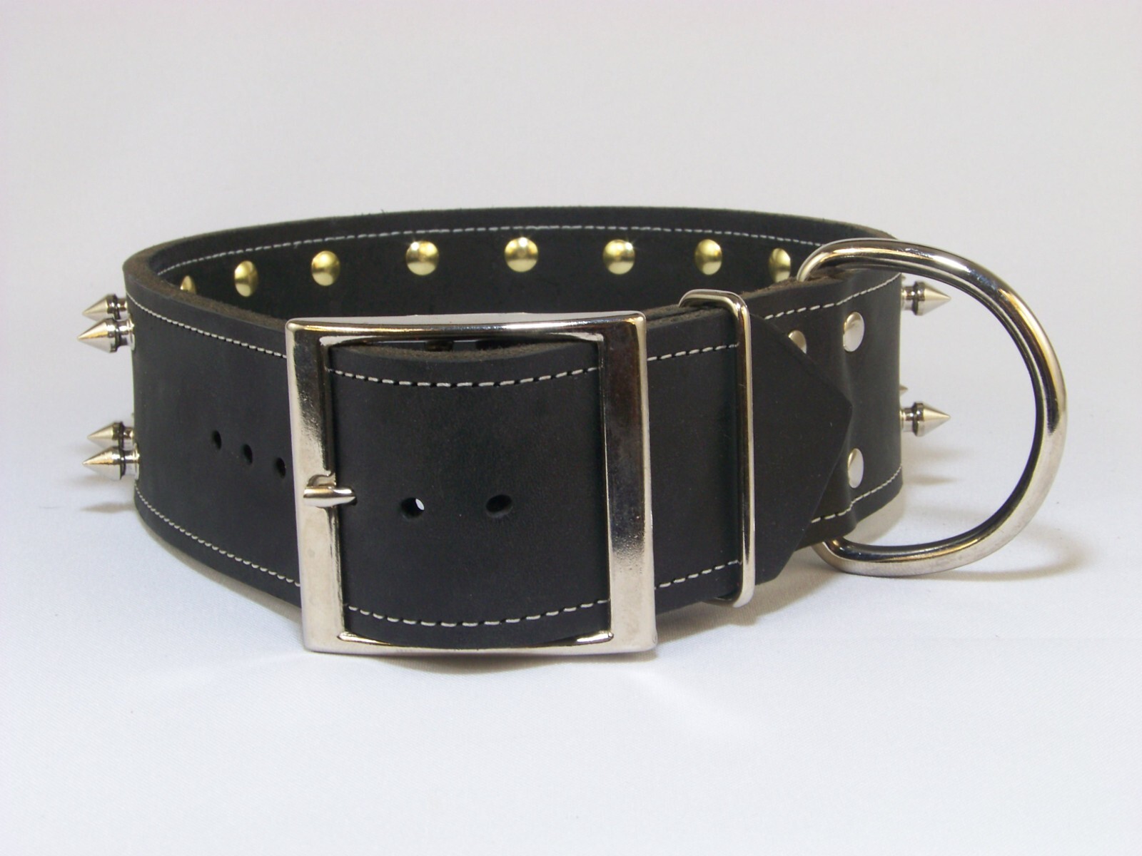 2 Inch-Wide Top Quality Leather Dog Collar W/ Double Row Spikes Made in USA