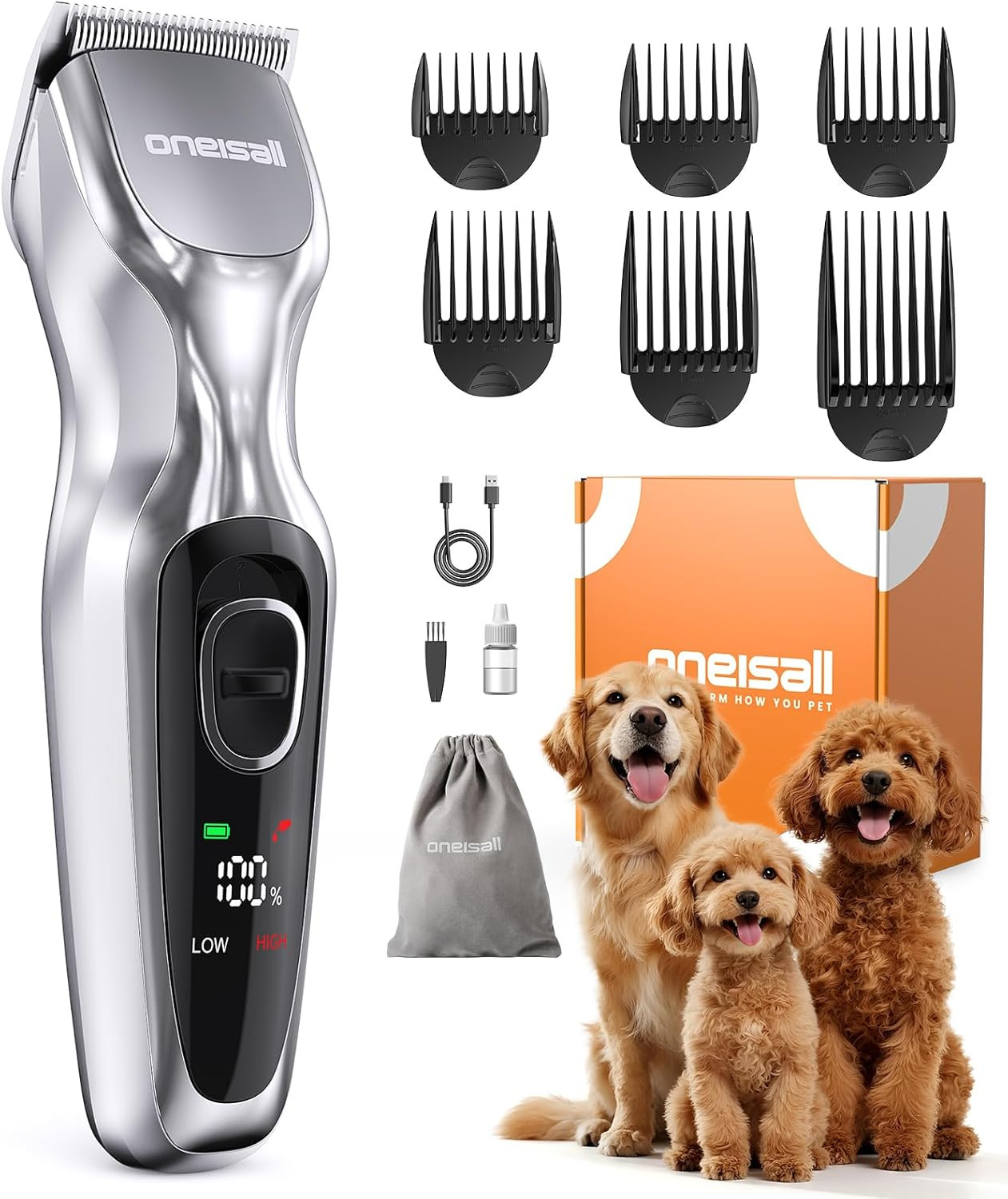 Dog Clippers for Grooming Thick Hair, Low Noise Cordless Dog Shavers, 2-Speed Pe