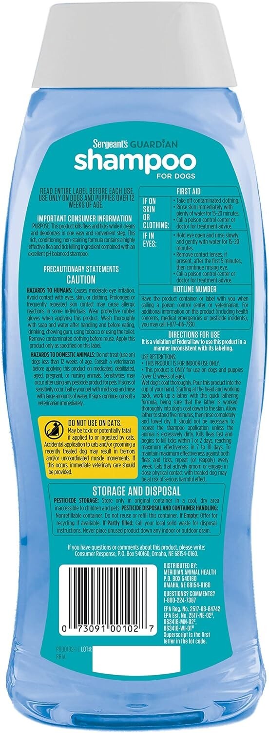 Sergeant’s Guardian Flea & Tick Dog Shampoo, Clean Cotton Scent, 18 oz.