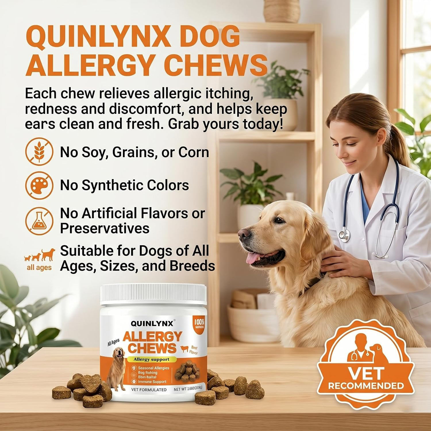 Allergy Chews for Dogs, Dog Probiotics, Yeast Support, Itchy Skin & Ears Relief,