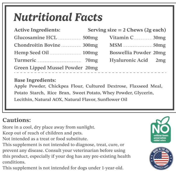 90 Chews Dog Hip and Joint Support Glucosamine Chondroitin MSM Supplement USA