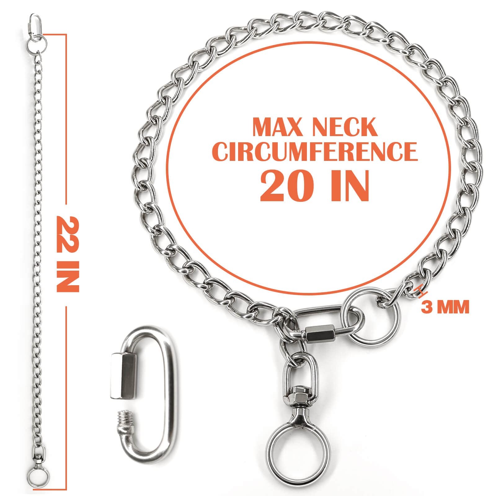 Dog Chain Necklace Metal Stainless Steel Leash 3mm x 22 inches, White,Silver