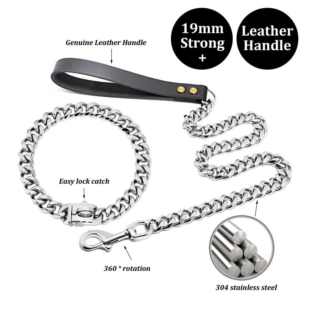 Dog Chain Collar & Leash Cuban Link Heavy Duty Stainless Steel Gold Silver 55cm