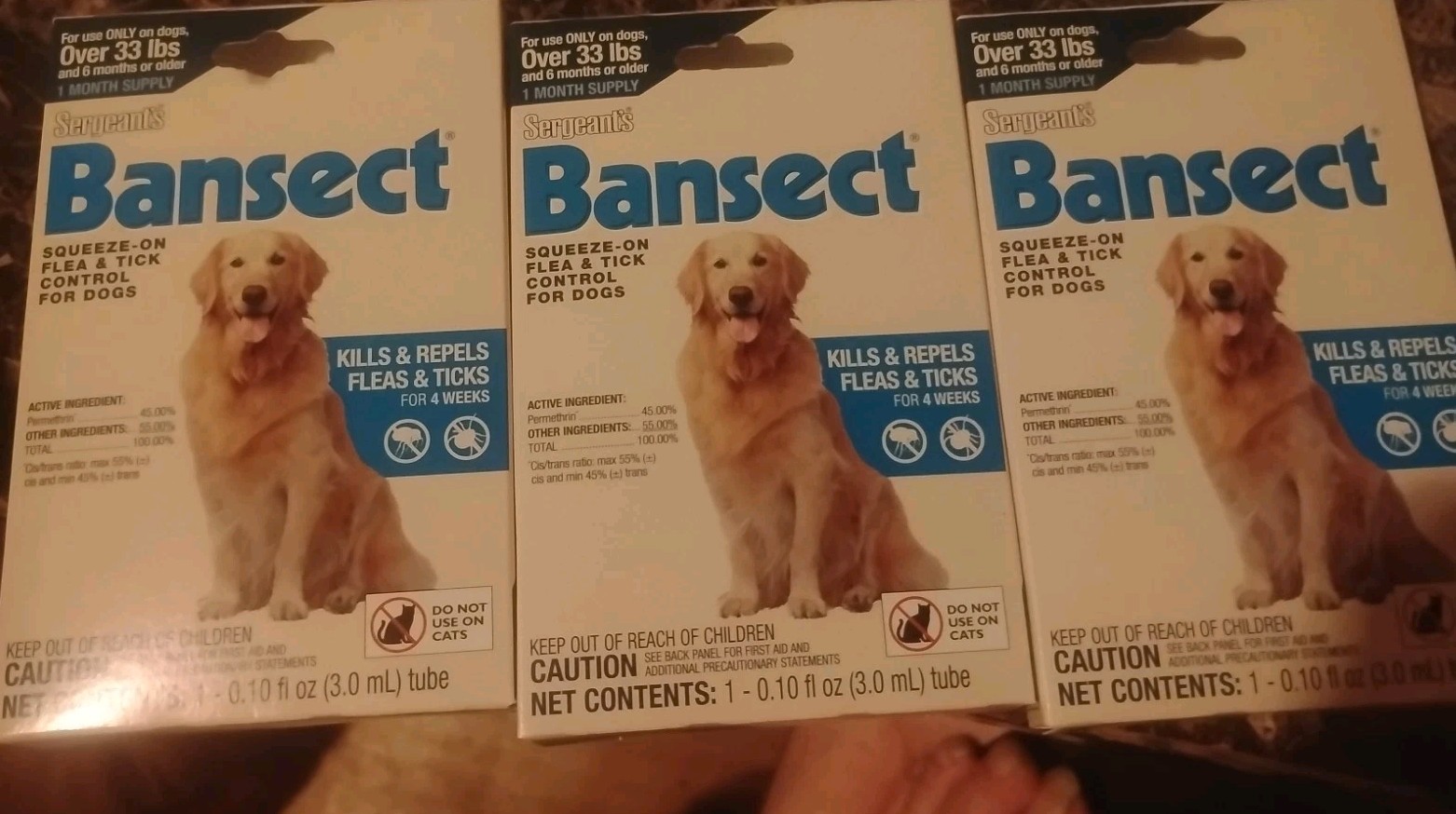 3 X Sergeant’s Bansect Squeeze on Dog Flea & Tick Control Monthly Control 33+ Lb