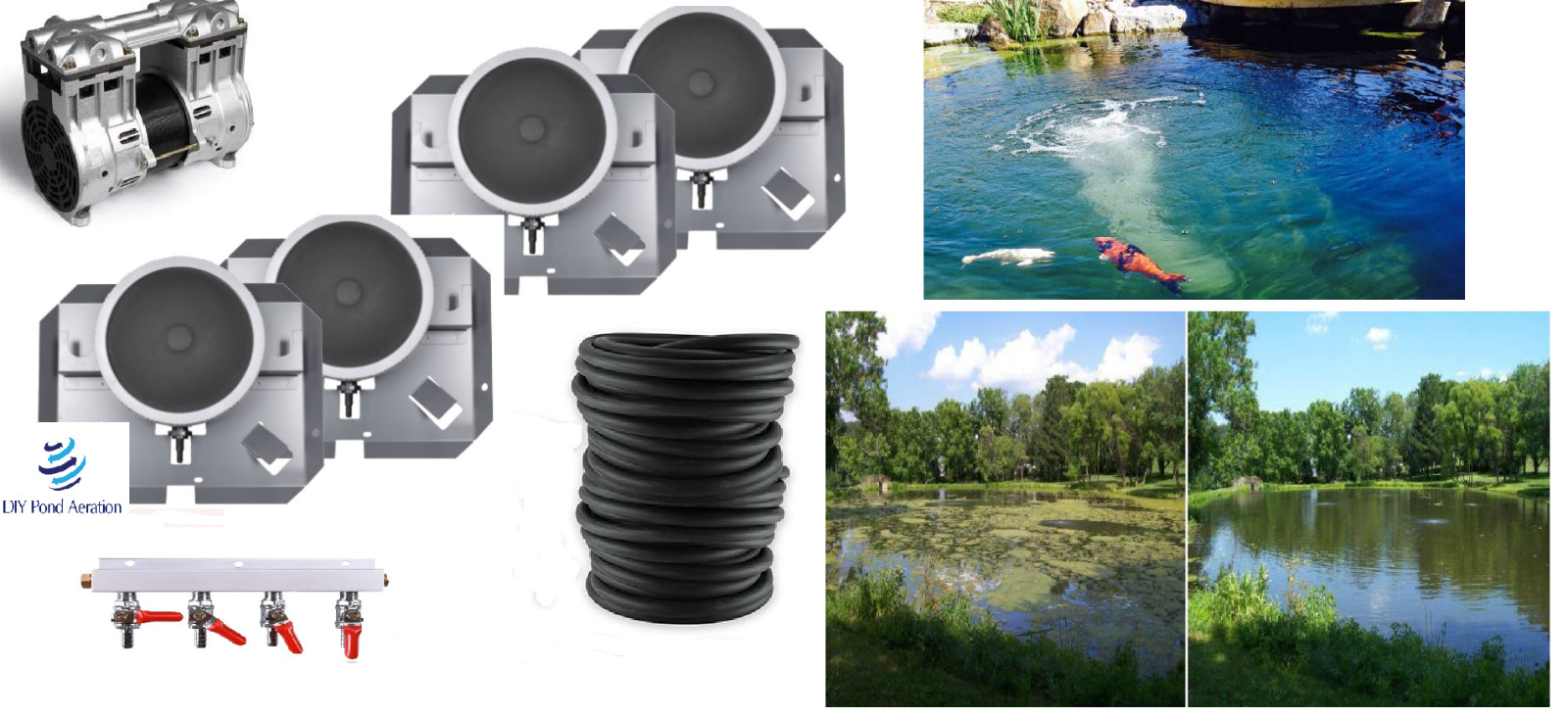 Large POND Aerator System w/400′ WTD Hose 4-Diffusers +Valve 5+ CFM 1-4 acres