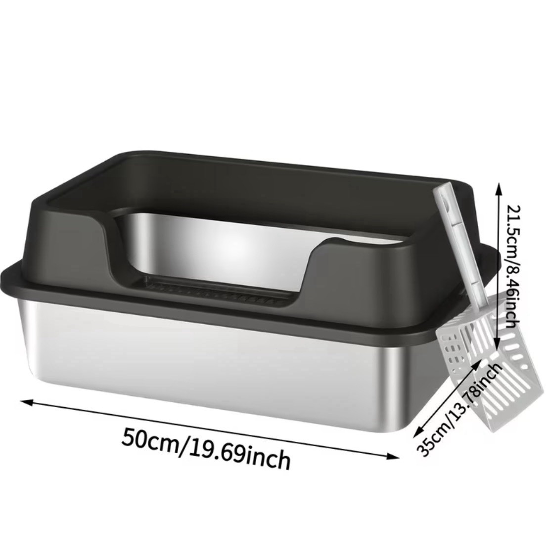 Premium Stainless Steel High-Sided Open Cat Litter Box with Scoop