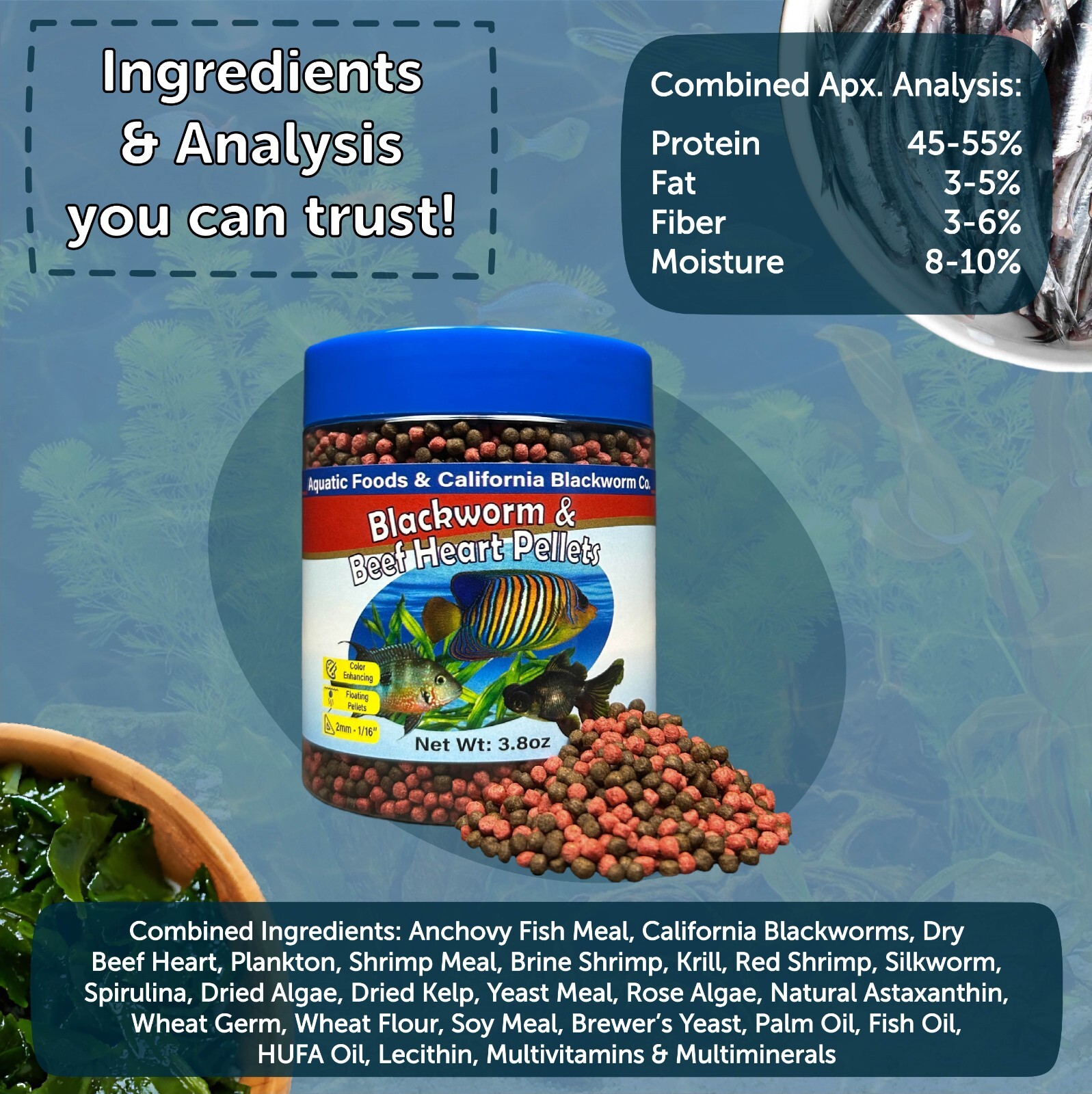 2mm California Blackworm & Beef Heart Floating Pellets. FREE Pellets & Wafers