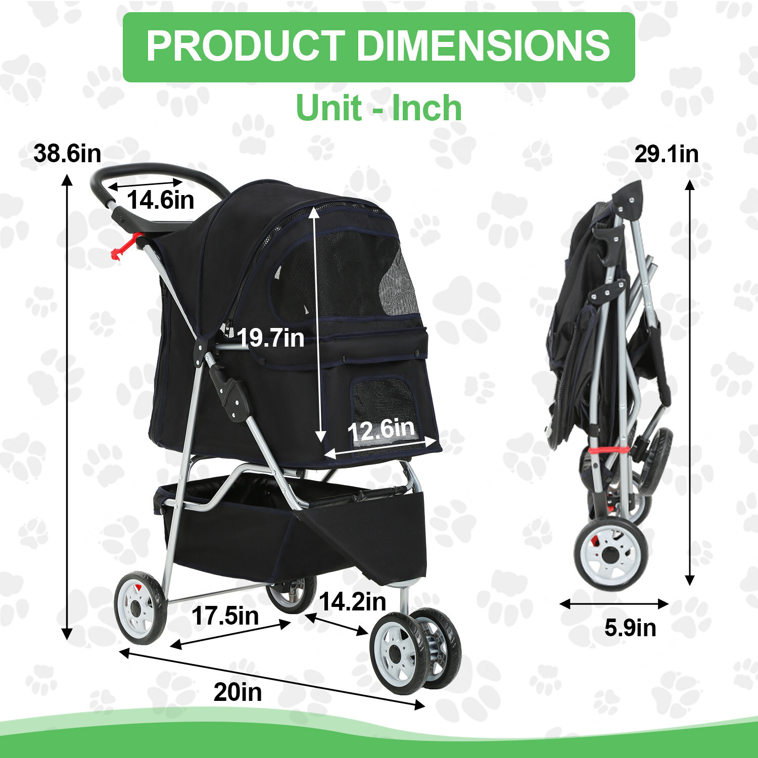 3 Wheels Pet Stroller Dog Cat Cage Jogger Stroller for Medium Small Dogs Cats
