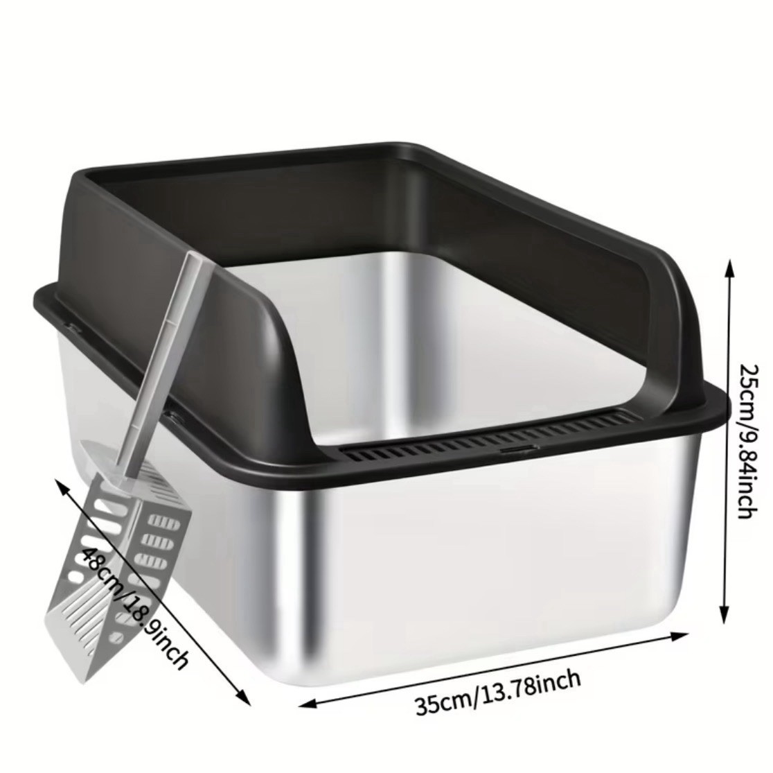 Stainless Steel High-Sided Open Cat Litter Box with Scoop 35x35x25cm