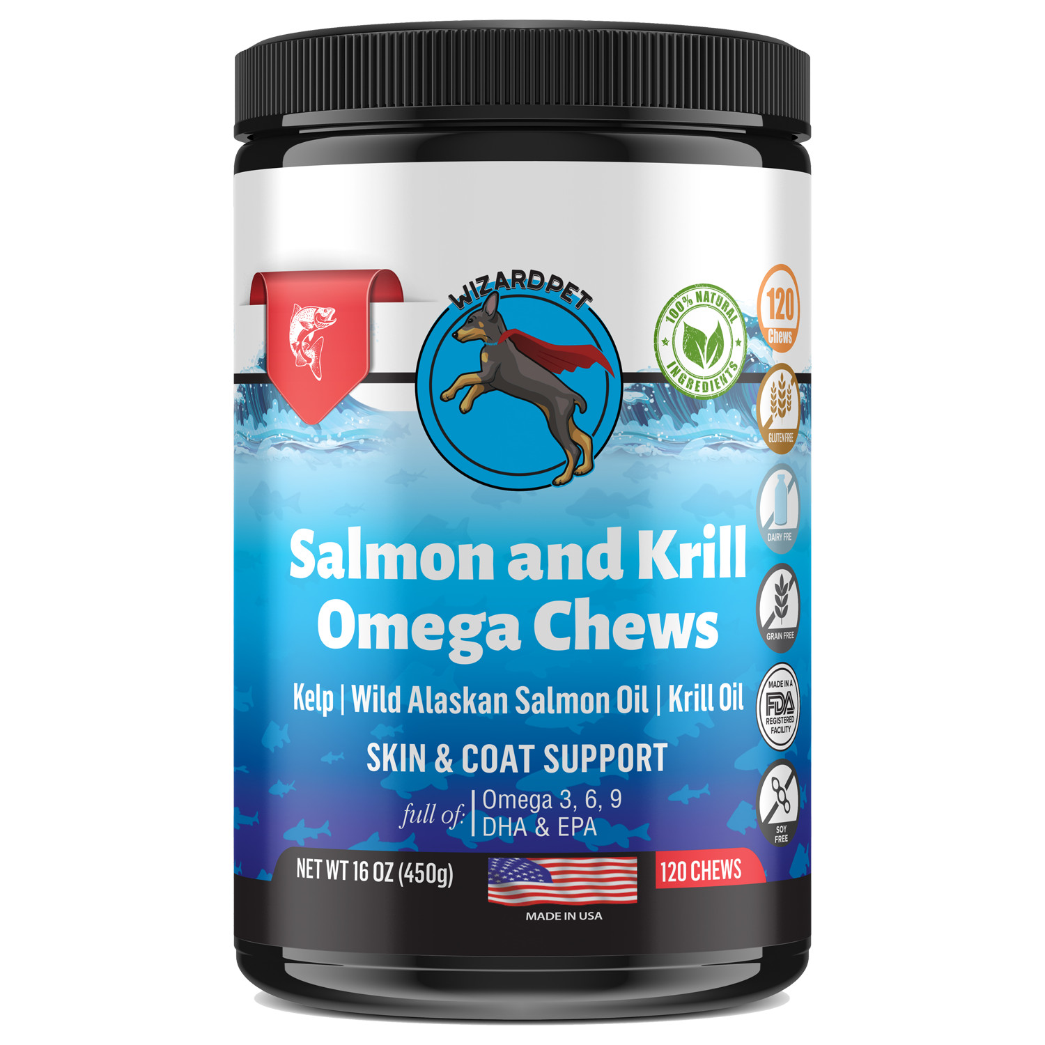 WIZARDPET Krill & Salmon Oil Dog Soft Chews Omega 120 ct 3 6 9 EPA DHA