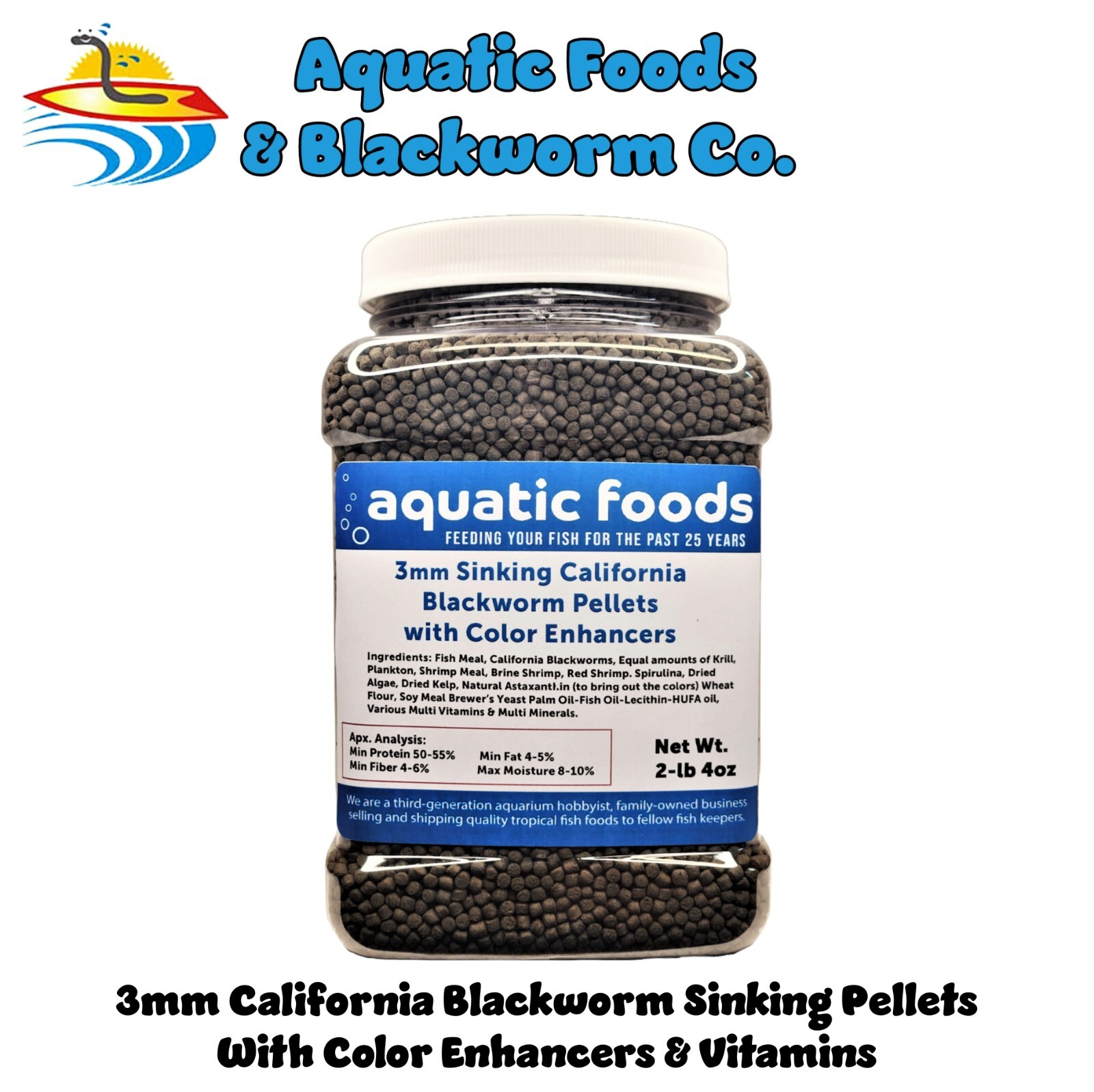 3 mm SINKING California Blackworm Pellets with Color Enhancers & Vitamins. JAR