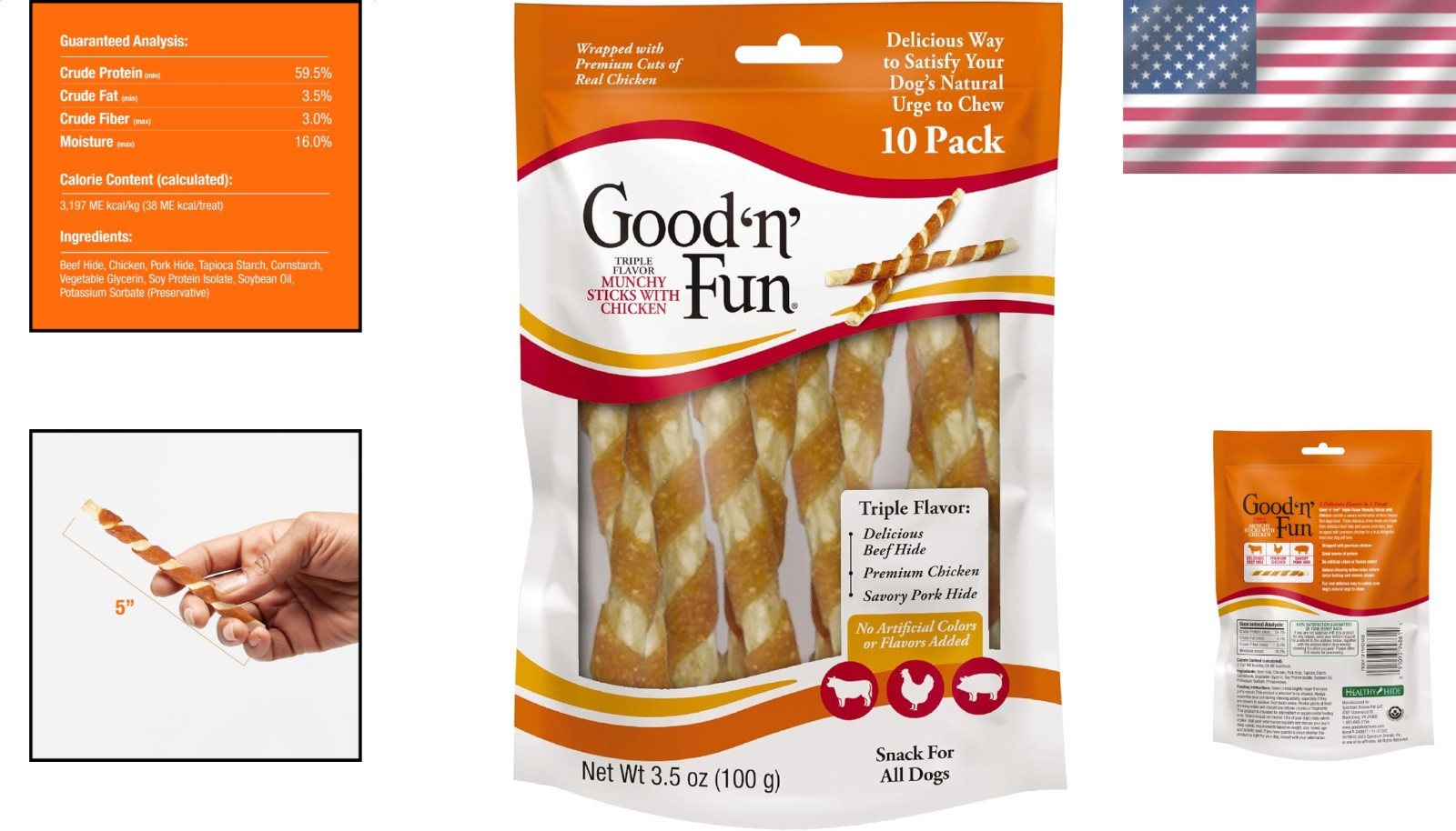 10 Count Dog Munchy Sticks Triple Flavor Beef Chicken Pork Hide Protein Chew