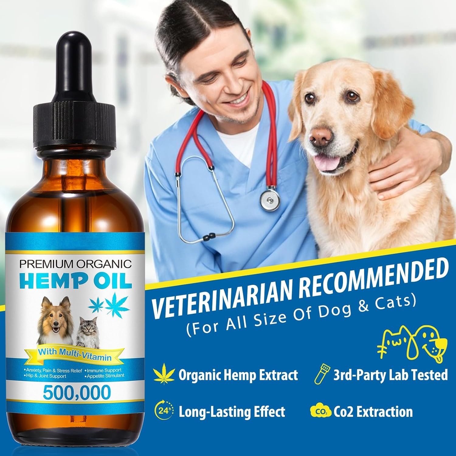 Hemp Oil for Dogs Cats Anxiety, Pain,Stress Calming Drops 100% Organic 60ML