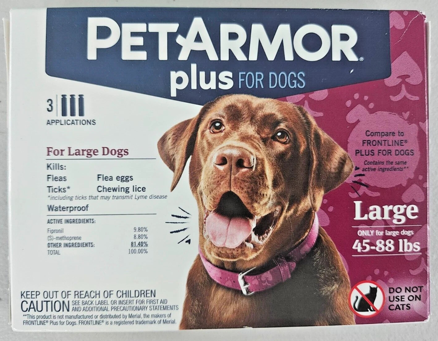 PetArmor Plus Flea & Tick Treatment for Large Dogs (45-88lbs) – 3 Applications