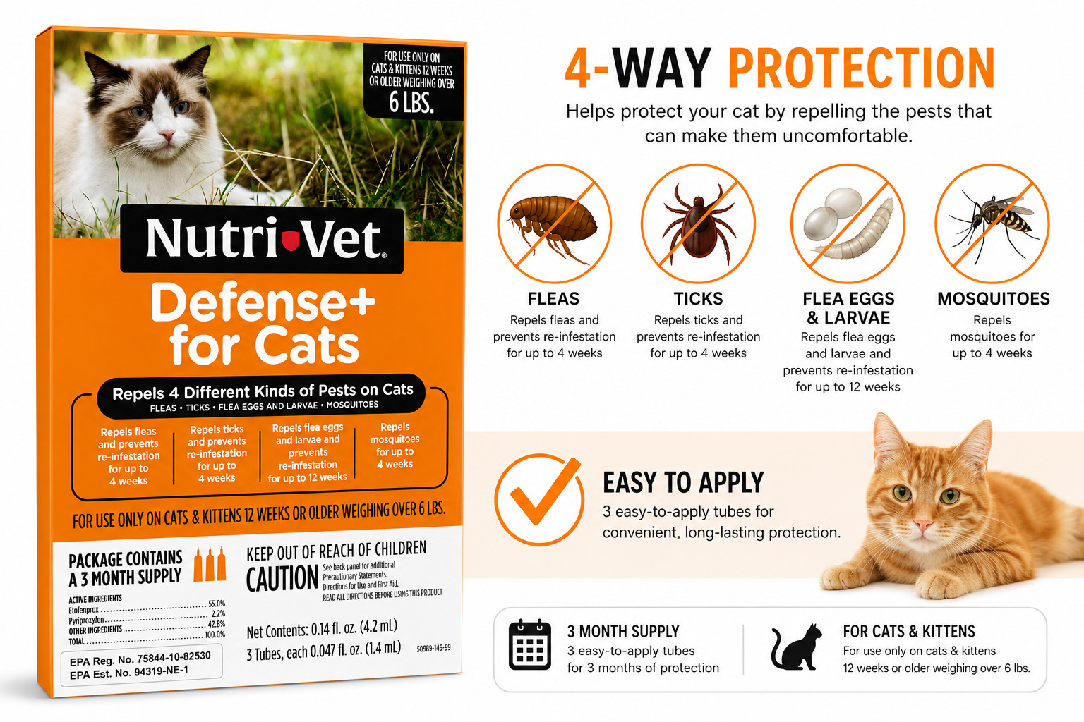 Nutri-Vet Defense+ for Cats Flea Tick Mosquito Treatment 3 Month Supply 6+ lbs