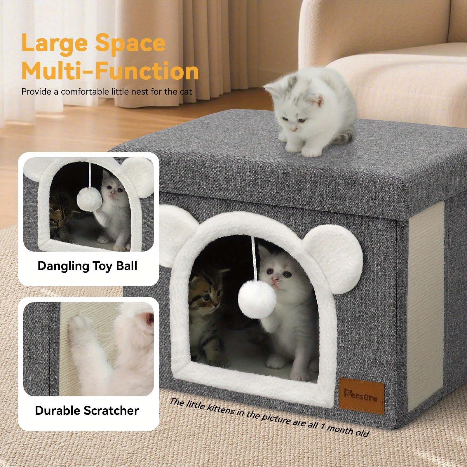 Interactive Indoor Cat Cube House With Lid Cute Cave Bed Condo Scratch Pad&Ball