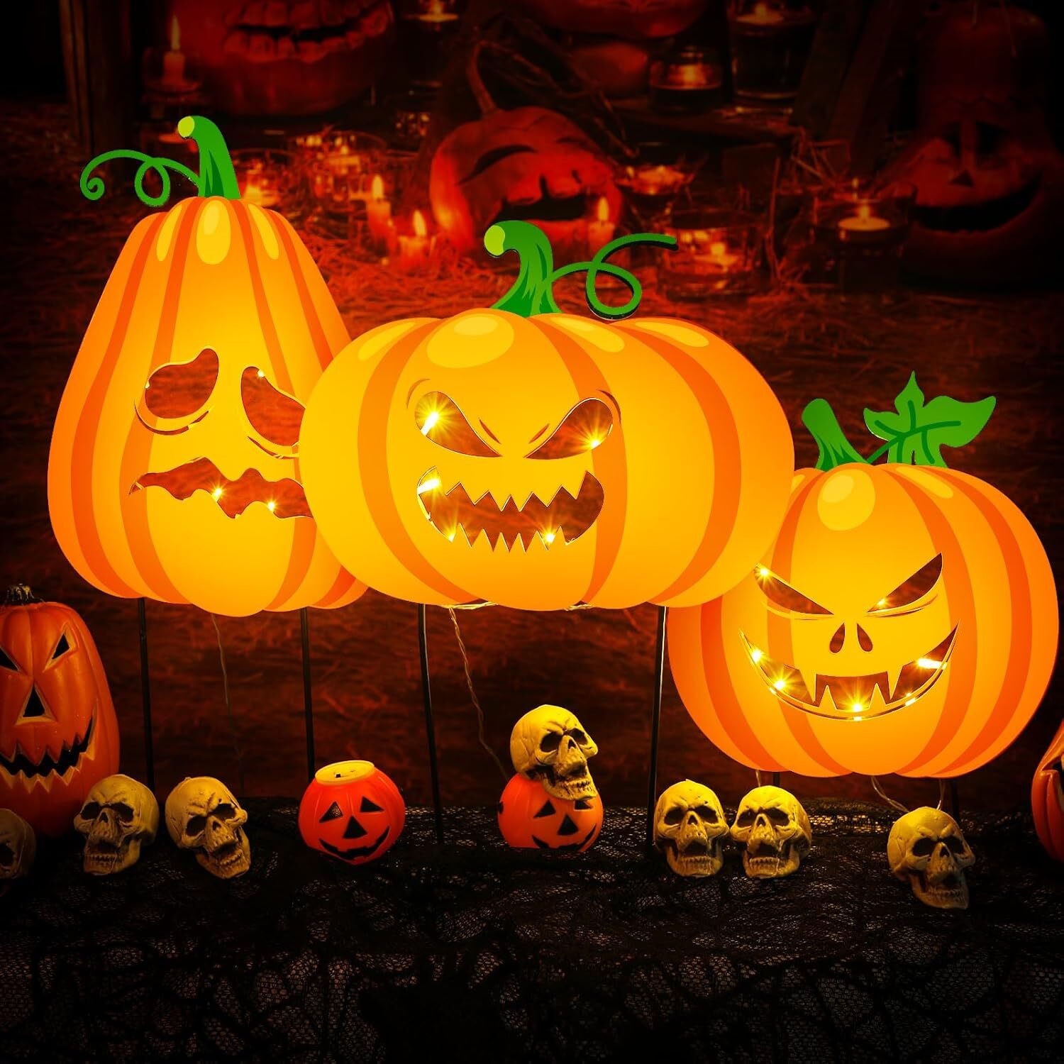3 Pcs 18.9 Inch Lighted Pumpkin Halloween Yard Signs as pictures show