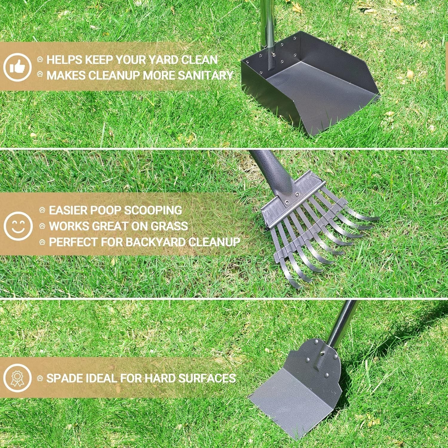 Large Dog Pooper Scooper Metal Poop Tray & Rake W/ Long Handle Pet Waste Removal