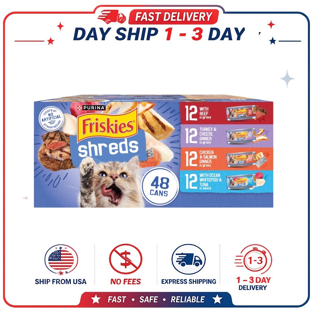 Purina Friskies Shreds Gravy Variety Pack, Wet Cat Food, 5.5 oz Cans, 48 cans