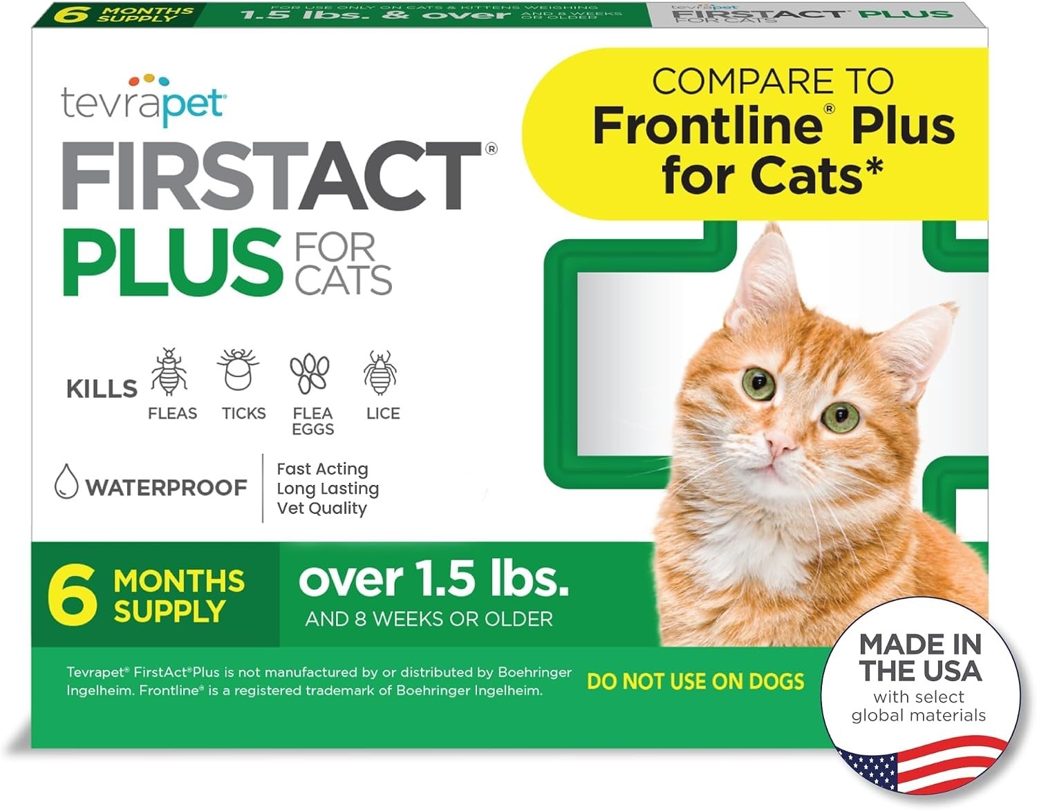 TevraPet FirstAct Plus Flea & Tick Prevention Drops for Cats Over 1.5lbs, 6 Pack