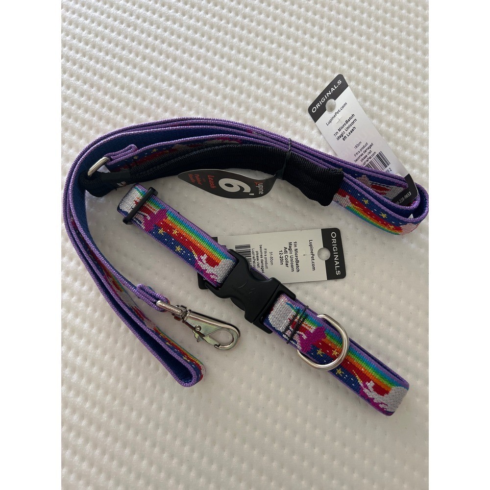LupinePet Magic Unicorn Dog Collar AND Leash Set 1in Wide Purple Rainbow NWT