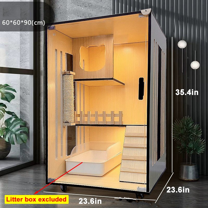 Cat Enclosure Villa Indoor Cat House W/ Glass Single Doors & Wheels 35.4″H