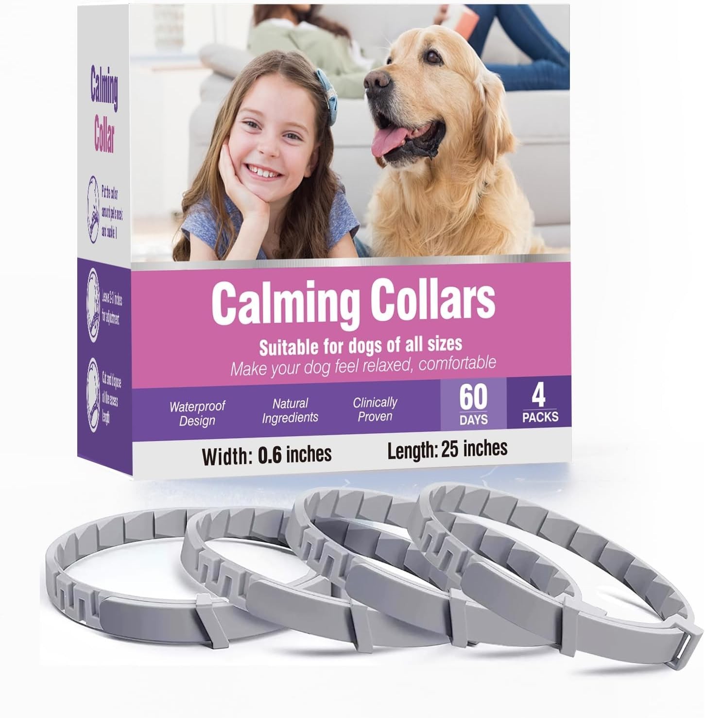 4-Pack Adjustable Calming Collars for Dogs | Lasts 60 Days | Stress Relief