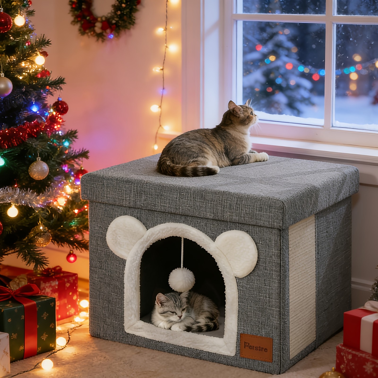 Interactive Indoor Cat Cube House With Lid Cute Cave Bed Condo Scratch Pad&Ball