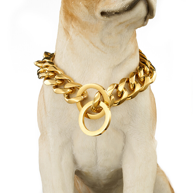 10/12/15/17/19mm Gold Curb Cuban Link Dog Chain Collar Stainless Steel 12″-32″