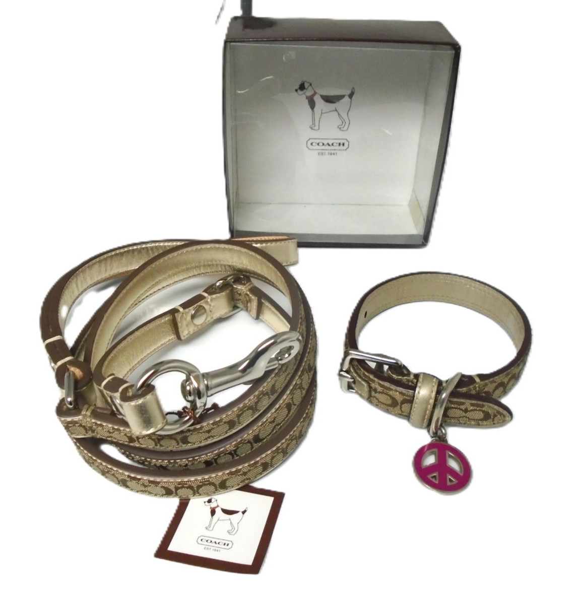 COACH GOLD LEATHER BROWN JACQUARD SIGNATURE C DOG PET COLLAR LEASH SET SIZE XS