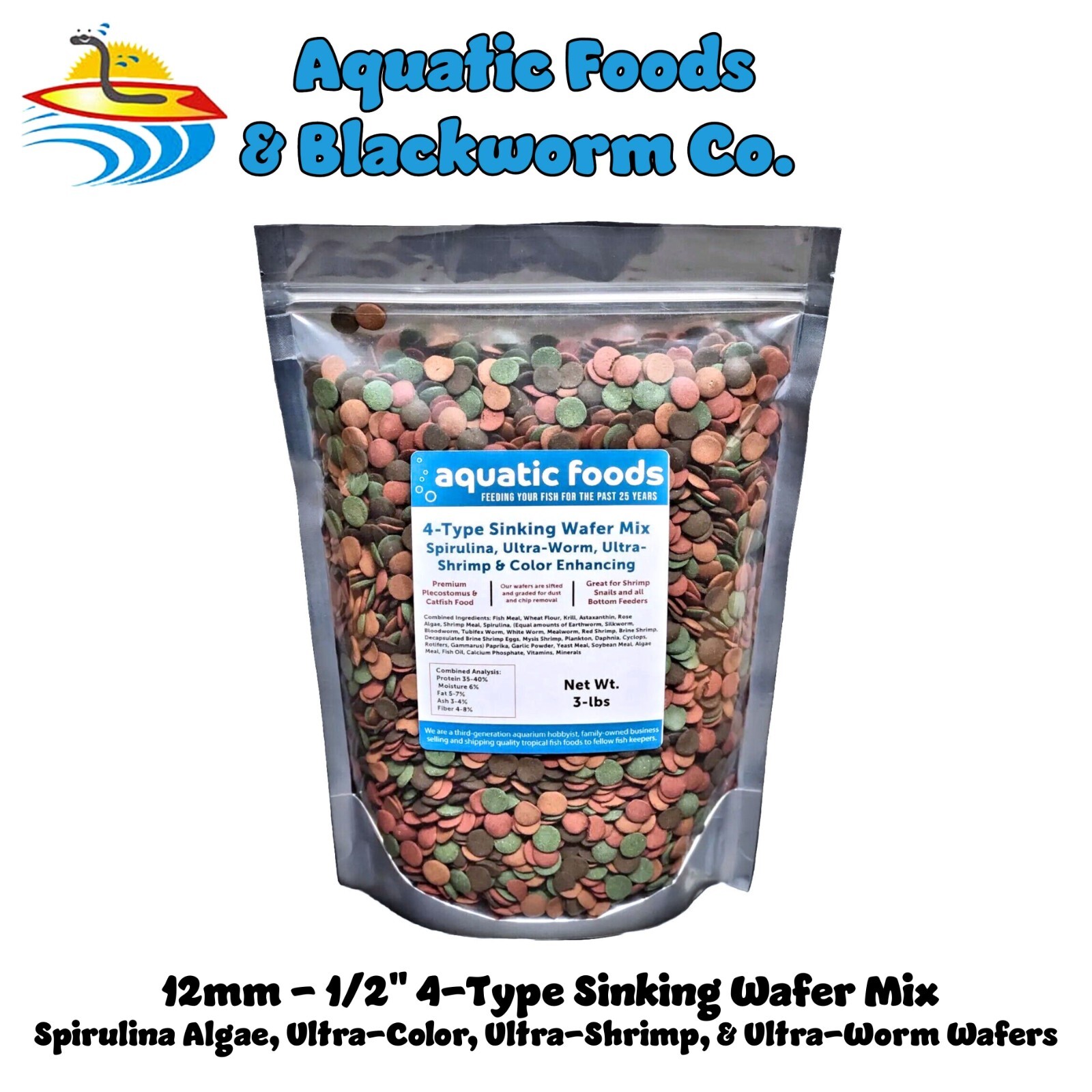 4-Type Sinking Wafer Mix. Spirulina, Ultra-Worm, Ultra-Shrimp, Ultra-Color 3-lbs