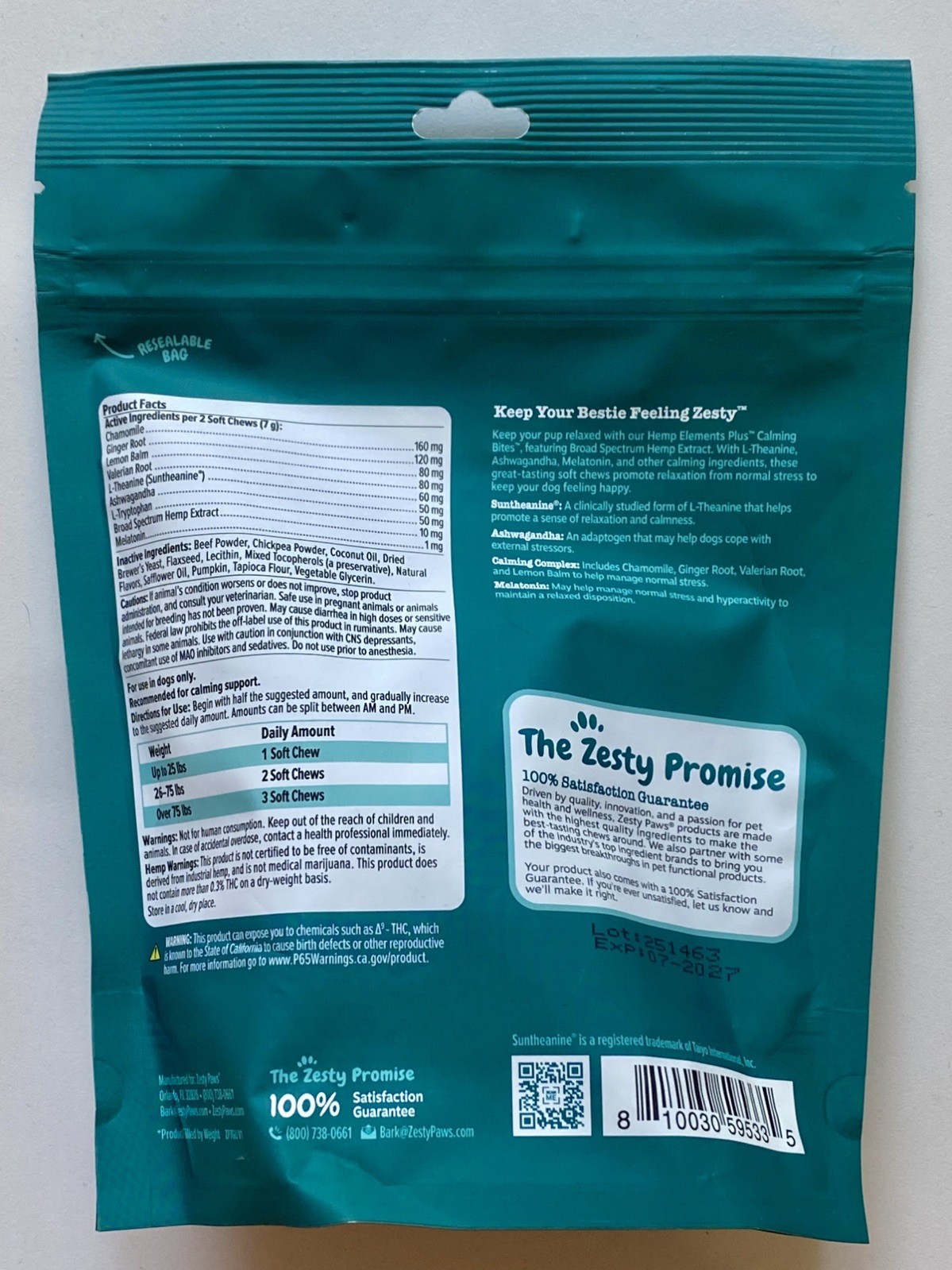 Zesty Paws Hemp Elements Plus Calming Bites 45 Soft Chews for Dogs EXP 07/2027